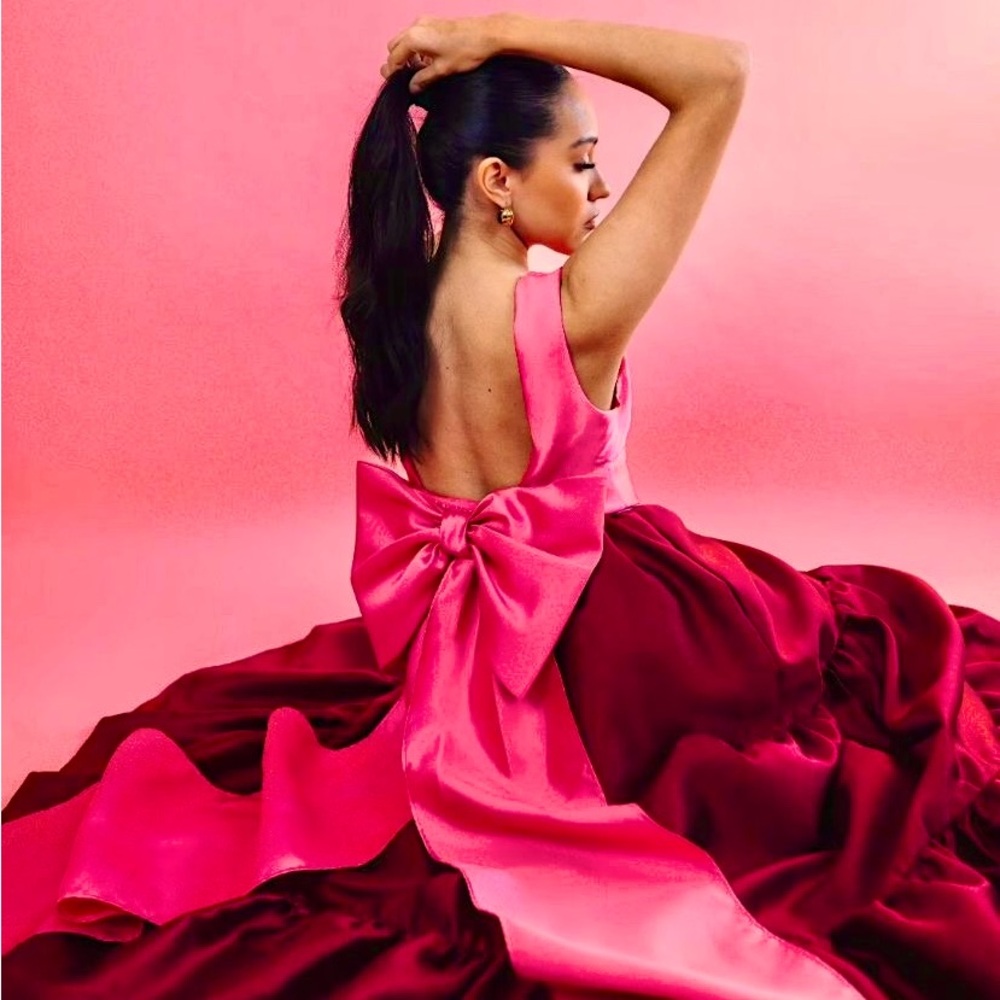 Hutch Harlo Bow Back Satin Tiered Maxi Dress Pink Magenta Formal Wedding 4 Small - Picture 14 of 15